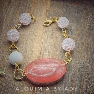 Handmade Pink and Cherry Quartz  bracelet with white jade GOLD